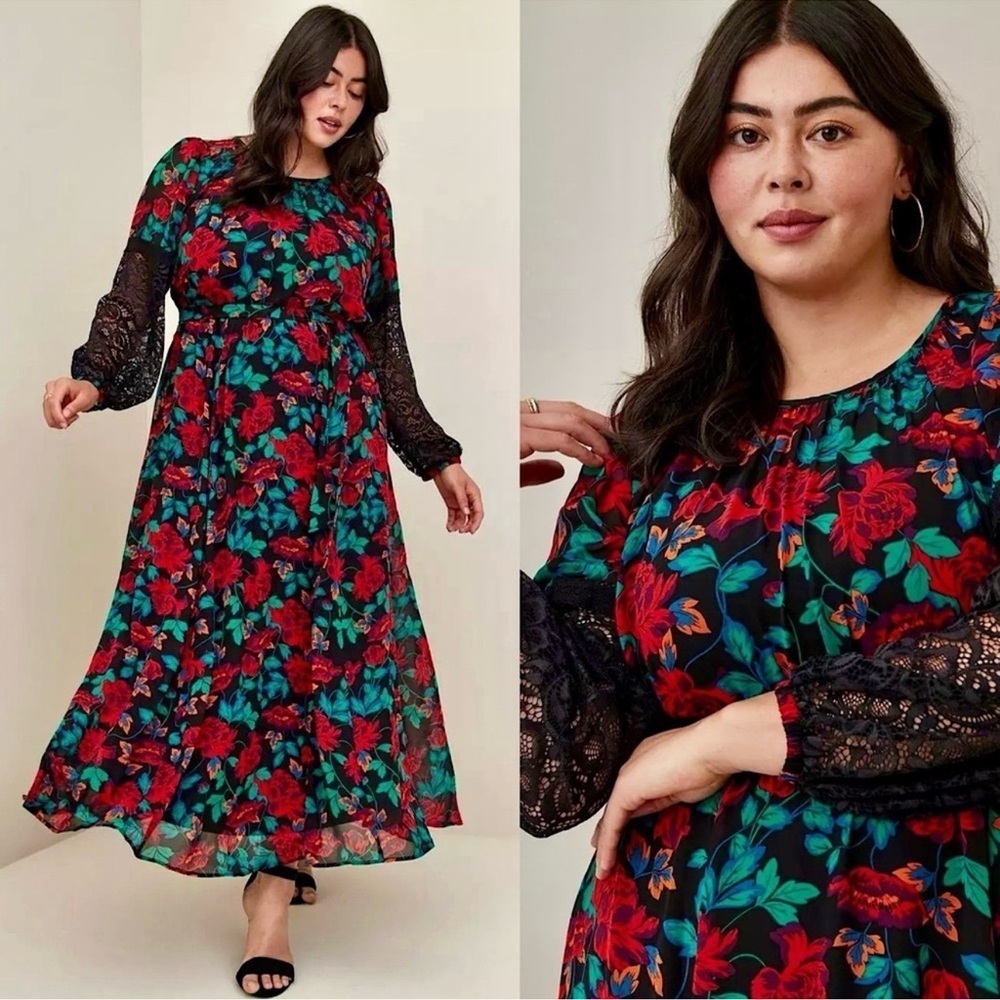 Torrid Chiffon Maxi Peasant Dress Floral Black Red Sz 4 New